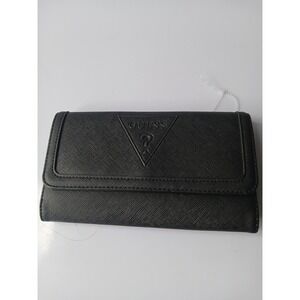 Guess Black Saffiano Tri-Fold Wallet with Embossed Logo and ID Window